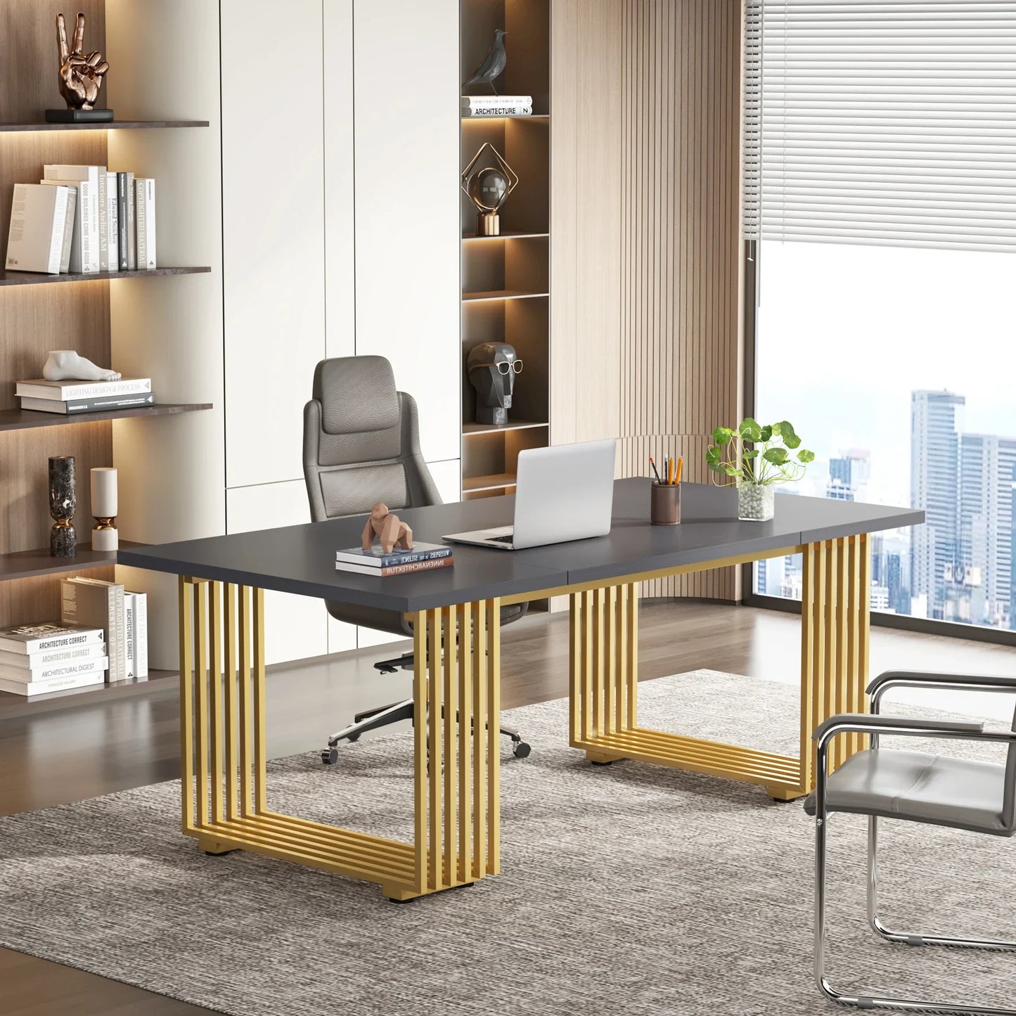 70.9" Modern Executive Desk, Wood Office Desk, Grey Simple Computer Desk with Gold Metal Legs, Large Workstation Busi