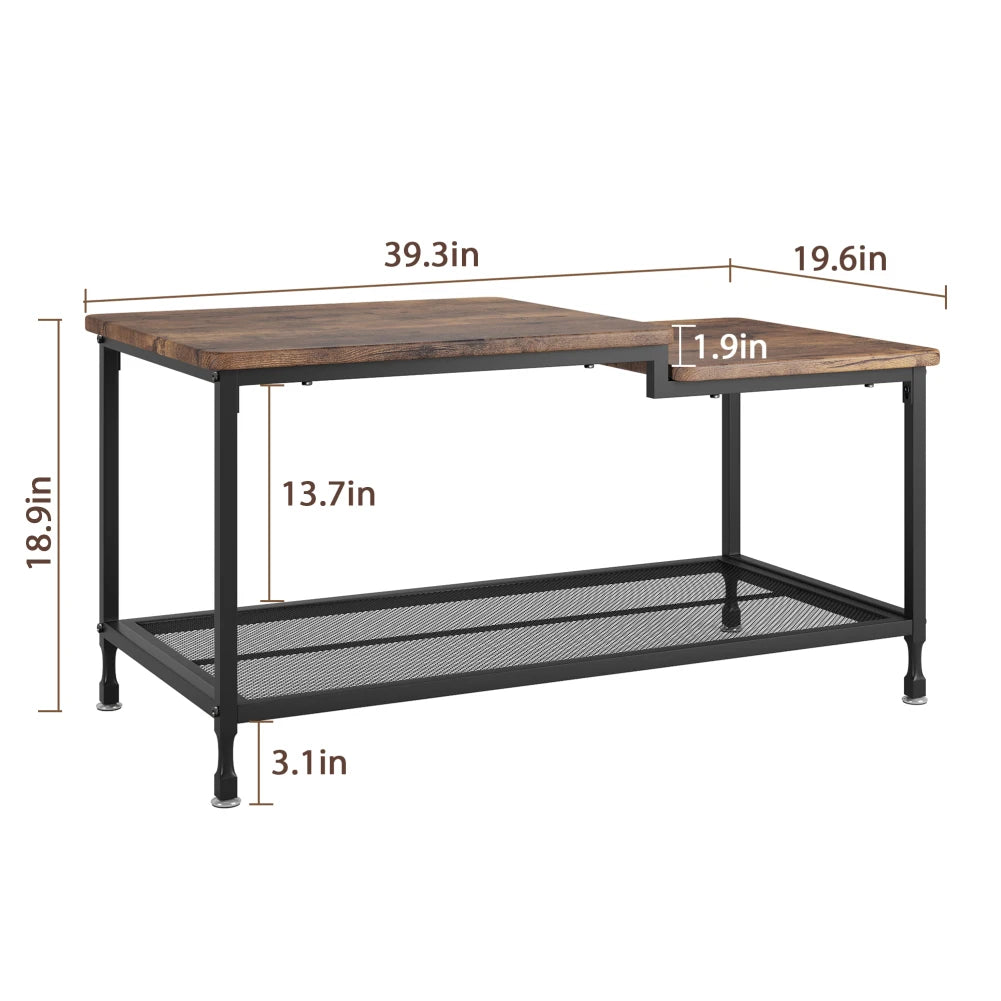 2-Tier Rustic Coffee Table Center Table with Mesh Shelf Rectangle Storage Cocktail Table Metal Frame for Living Room