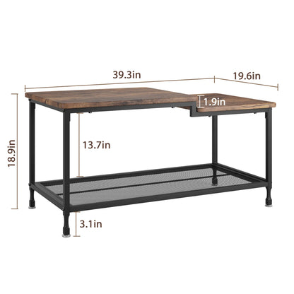 2-Tier Rustic Coffee Table Center Table with Mesh Shelf Rectangle Storage Cocktail Table Metal Frame for Living Room