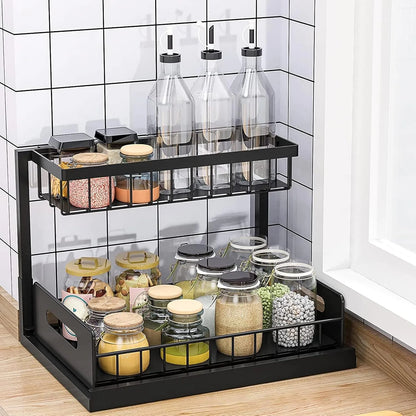 Under Sink Organizer Metal Pull Out Cabinet Organizer Spice Rack Kitchen Bathroom Organizers and Storage with Sliding Drawer