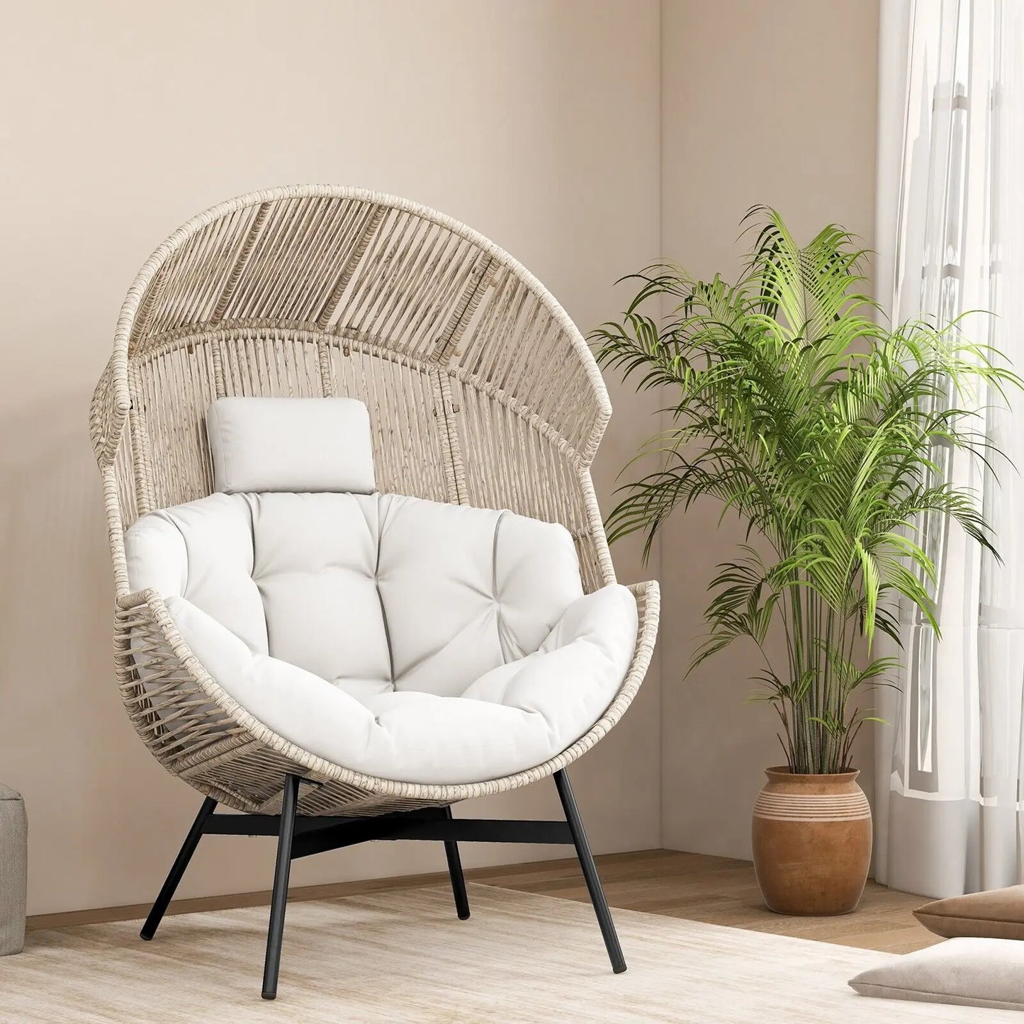 GOFLAME Oversized Egg Style Chair Wicker Stationary Patio Egg Chair w/ Cushions