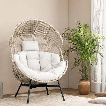 GOFLAME Oversized Egg Style Chair Wicker Stationary Patio Egg Chair w/ Cushions