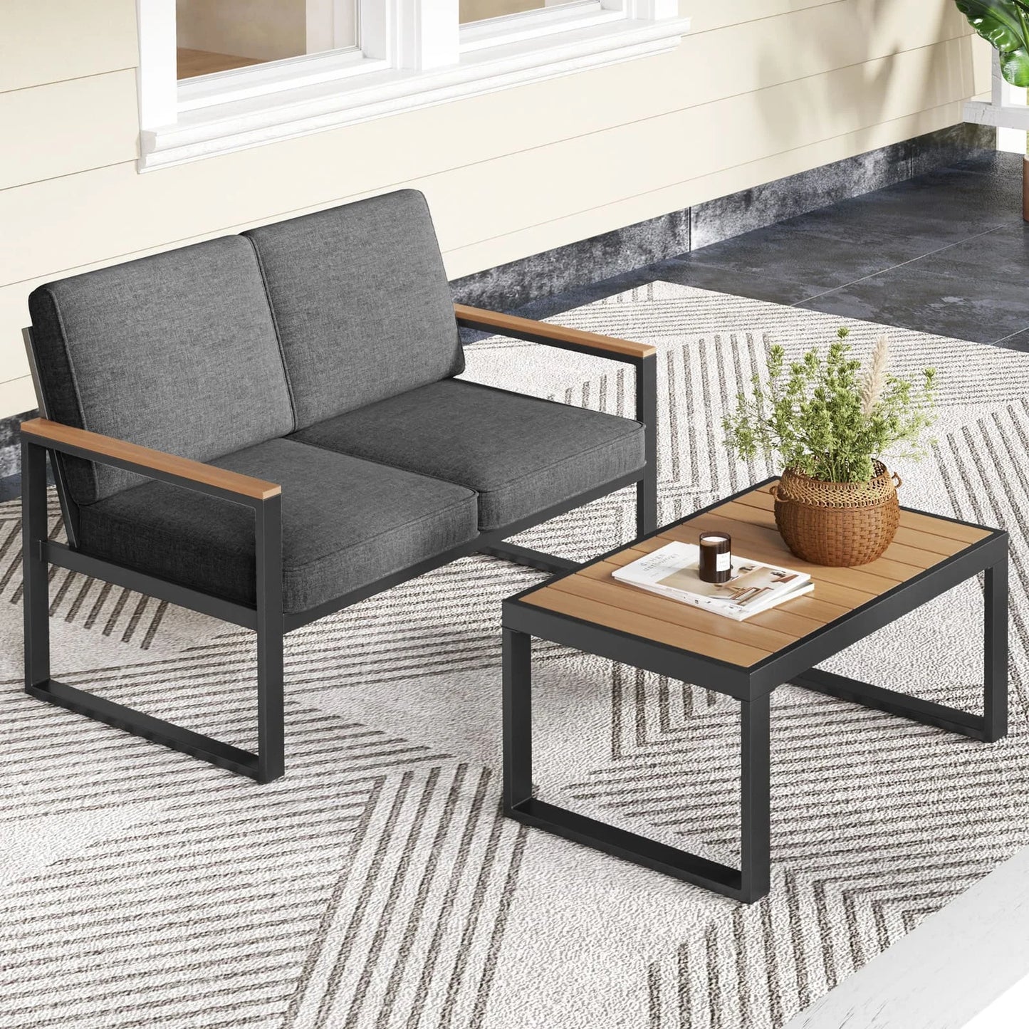 GOFLAME 2 Piece Patio Aluminum Furniture Set Outdoor Conversation Set-Gray