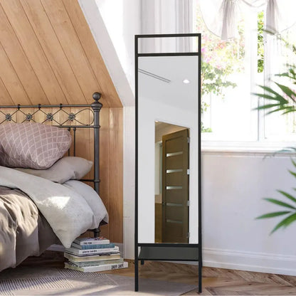 Black Metal Floor Mirror with Coat Rack For Bedroom Office 43cm W x 50cm D x 163cm H