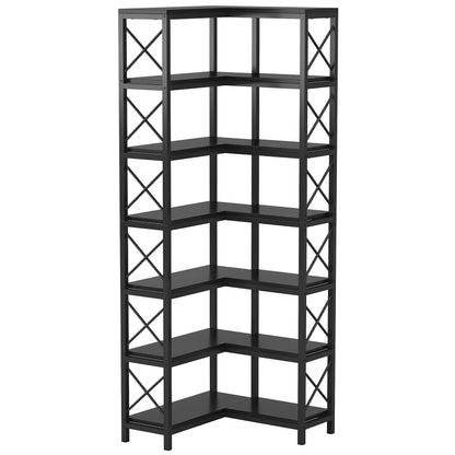 7-Shelf Corner Bookshelf,Large Modern Corner Bookcase, 7-Tier Tall Corner Shelf Storage Display Rack with Metal Frame