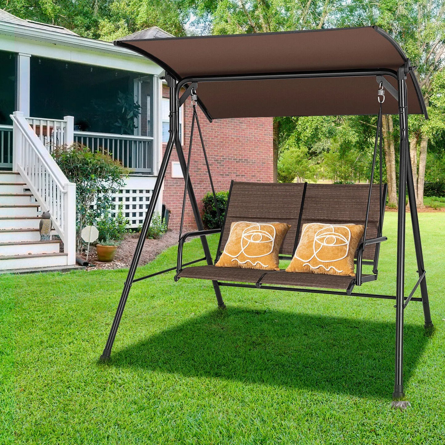 GOFLAME 2 Seat Outdoor Porch Swing, Swing Glider with Spring Hook, Soft Cushions, Foot Pad