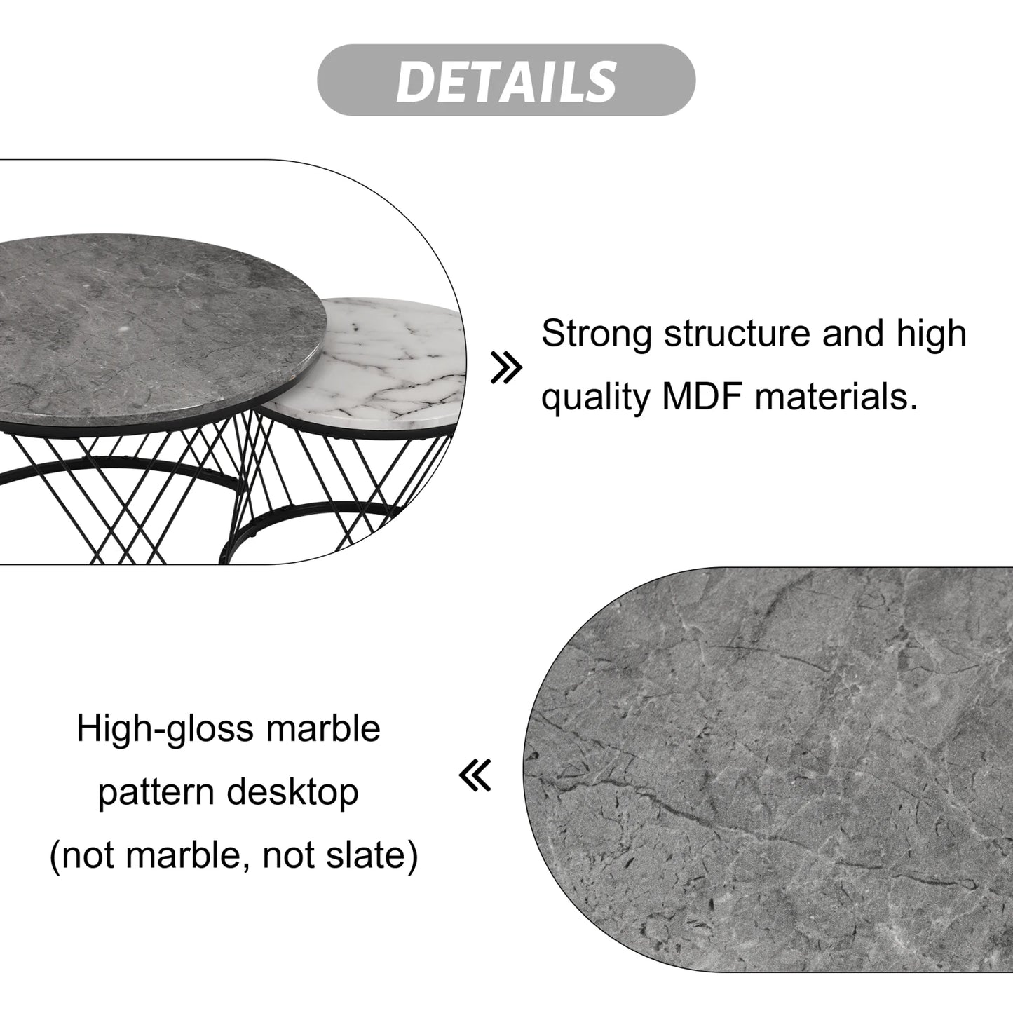 Nesting Round Coffee Table,2pcs Modern Tea Table,Marble Pattern Top With Metal Frame, Small Side Table,End Table For Living Room