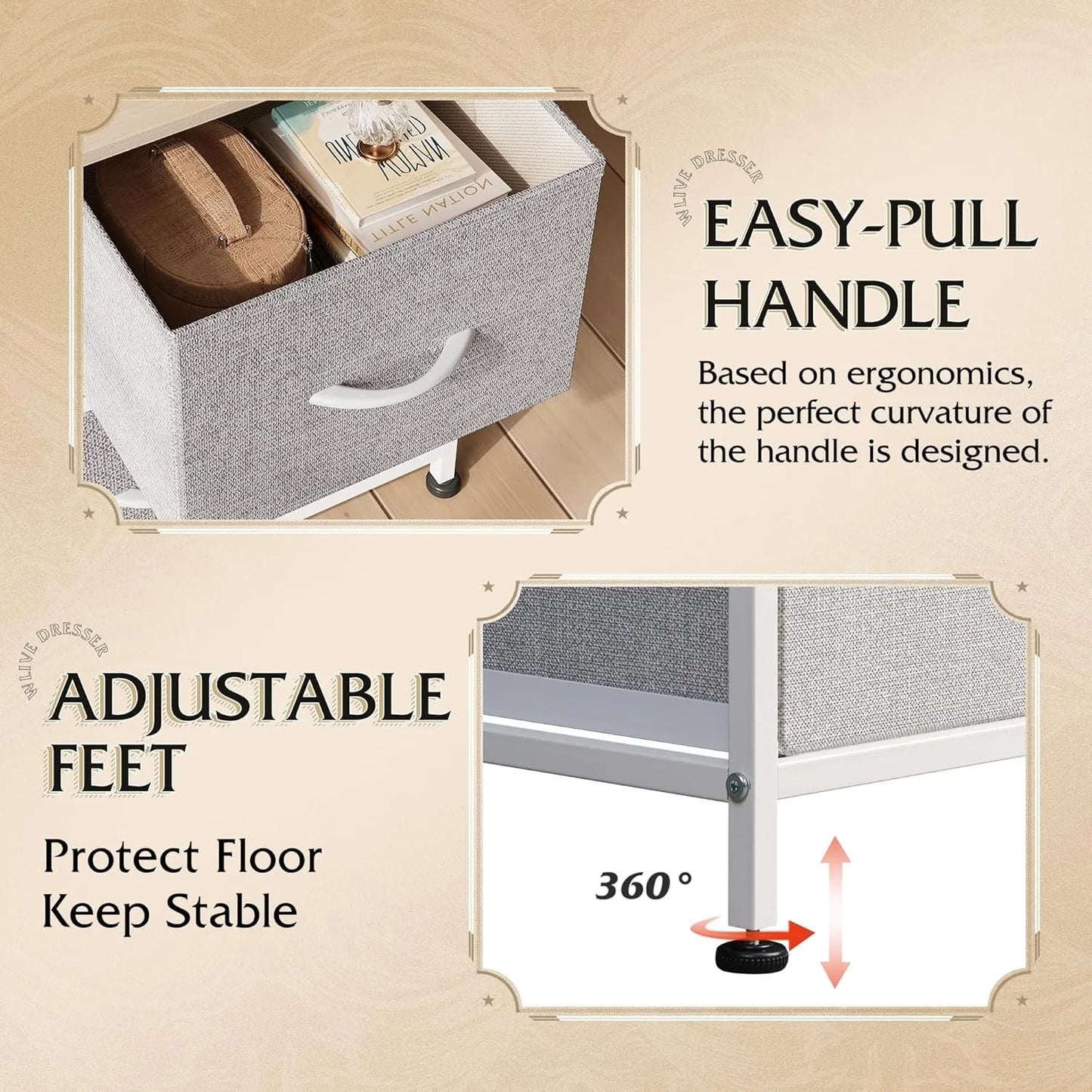 Chest of Drawers,5 Fabric Drawers Cabinet with Easy Pull Handle,Wood Top and Sturdy Steel Frame for Bedroom,Living Room