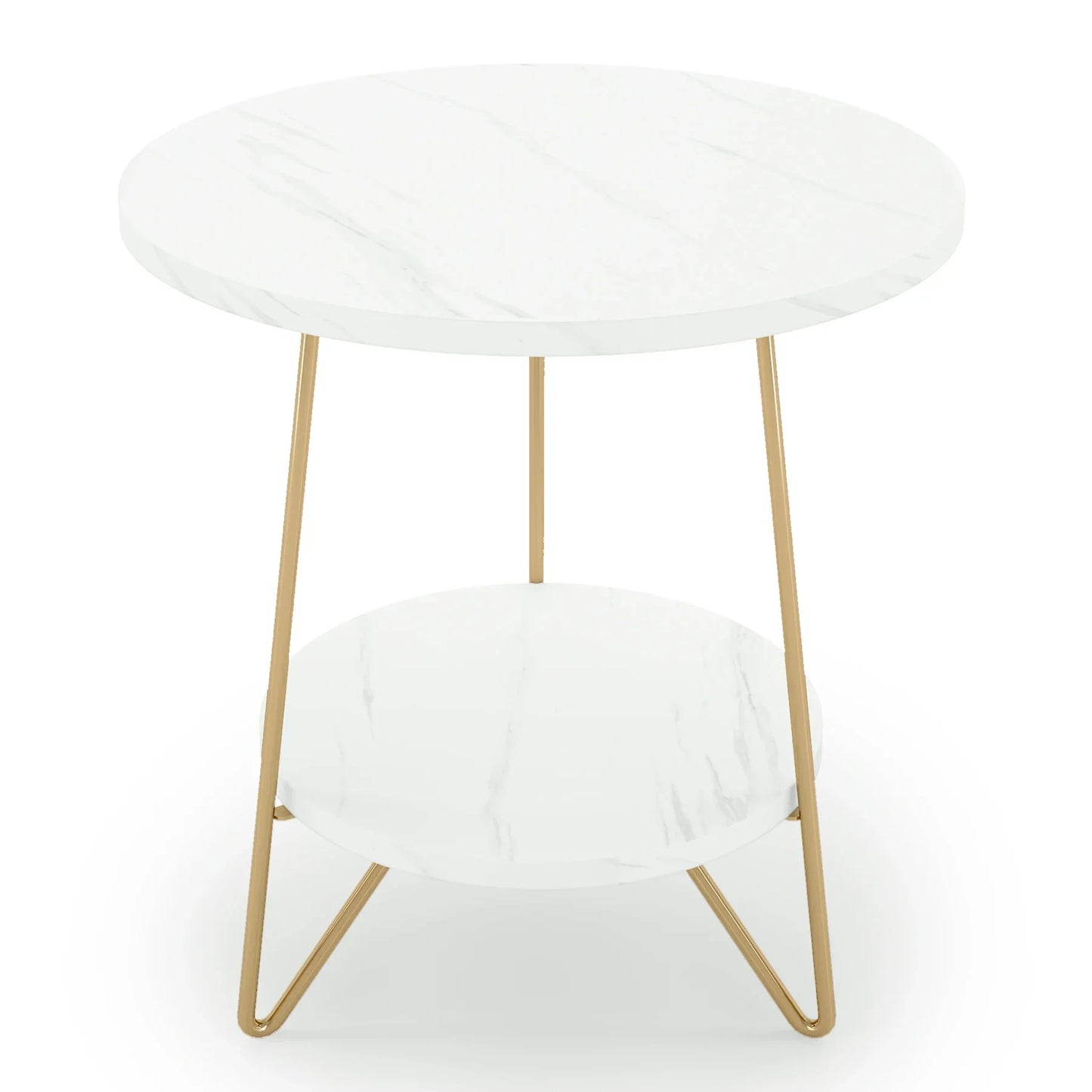 Tribesigns 2 Tier Faux Marble End Table Round Side Table with Shelves Small Coffee Accent Table for Living Room, White and Gold