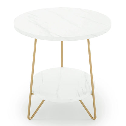 Tribesigns 2 Tier Faux Marble End Table Round Side Table with Shelves Small Coffee Accent Table for Living Room, White and Gold