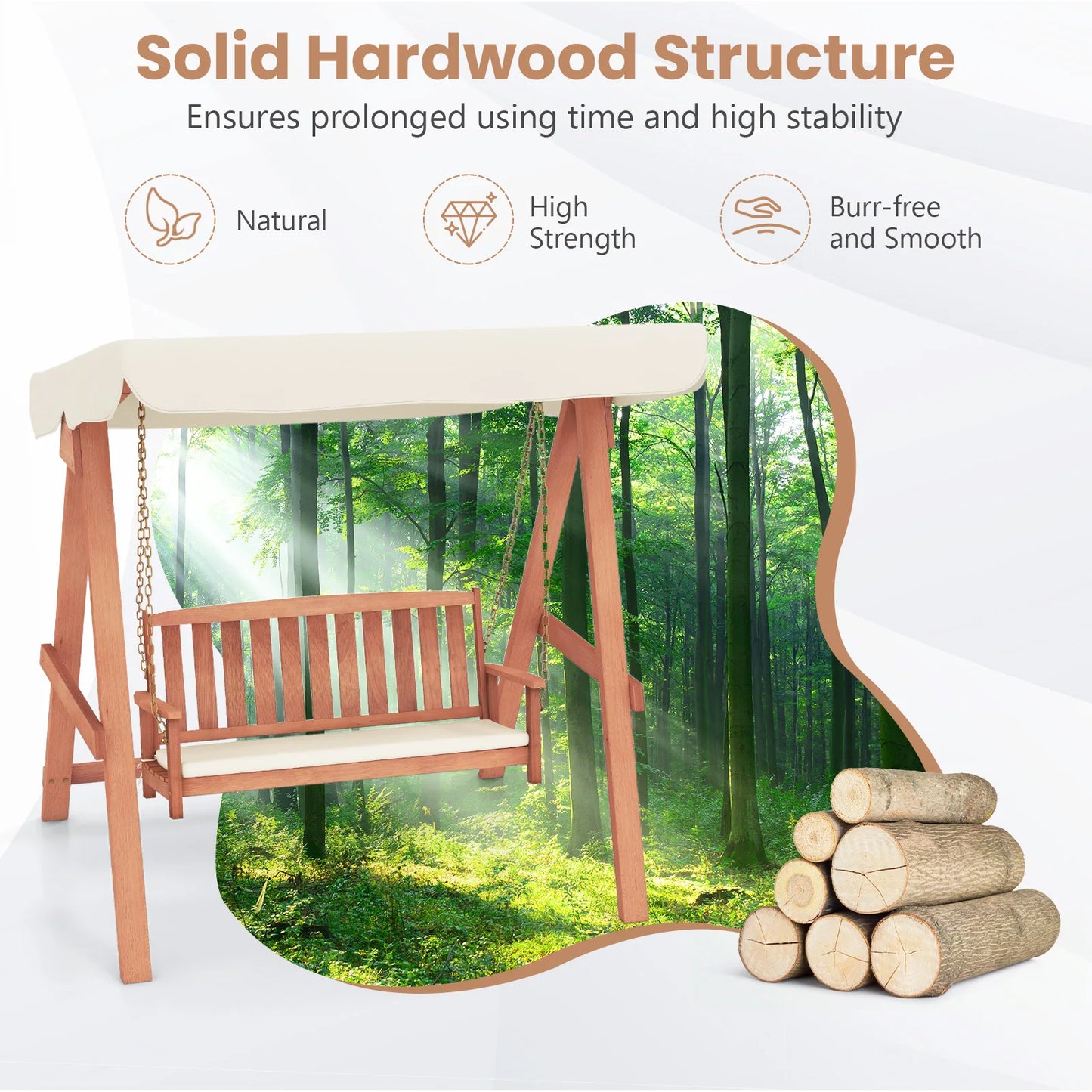 GOFLAME Wood Porch Swing w/ Canopy, Outdoor 2-Seat Swing Bench w/ A Frame, Sturdy Metal Hanging Chains