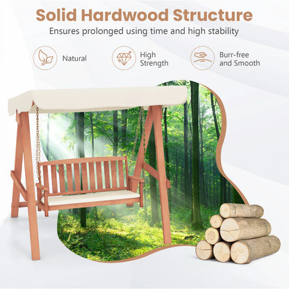 GOFLAME Wood Porch Swing w/ Canopy, Outdoor 2-Seat Swing Bench w/ A Frame, Sturdy Metal Hanging Chains