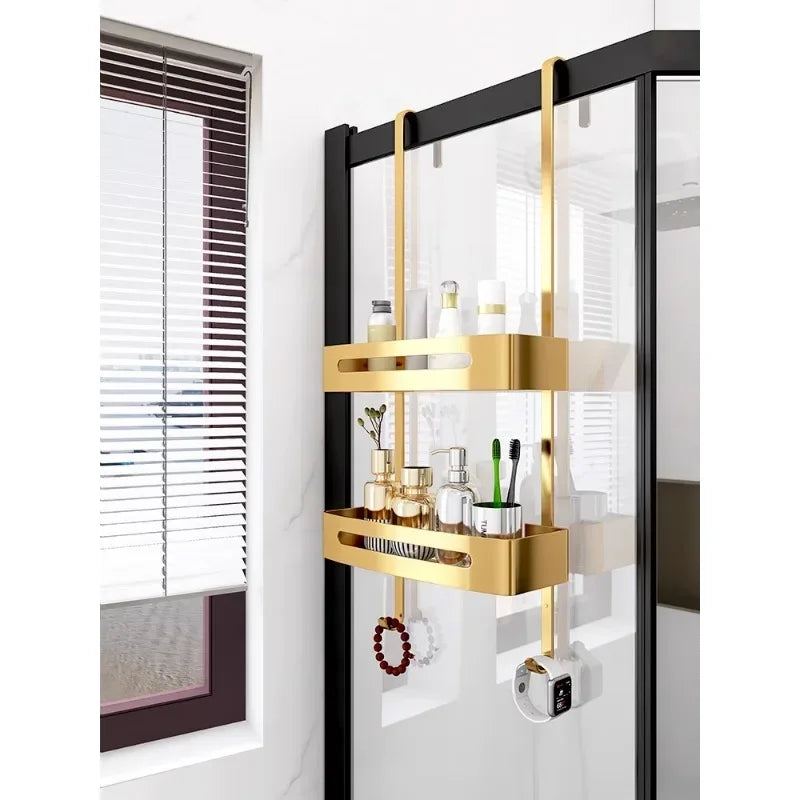 Pull Gold Shower Room Frame Large Capacity Bathroom Double Layer Hanging Basket Without Perforated Wall Hanging Receive Hook