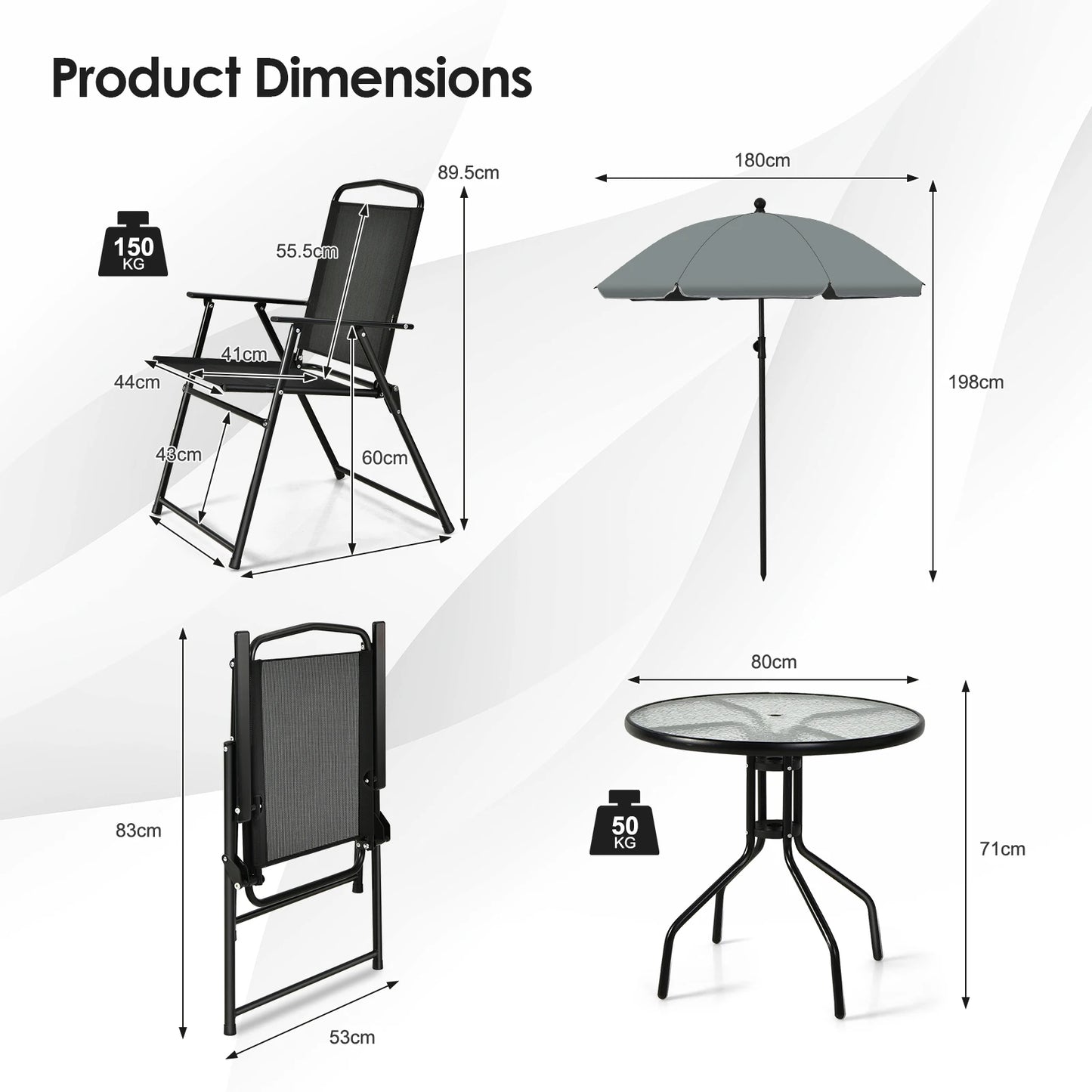 GOFLAME 6 Pieces Patio Table Set w/Adjustable Umbrella, 80 CM Round Table & 4 Folding Chairs Set