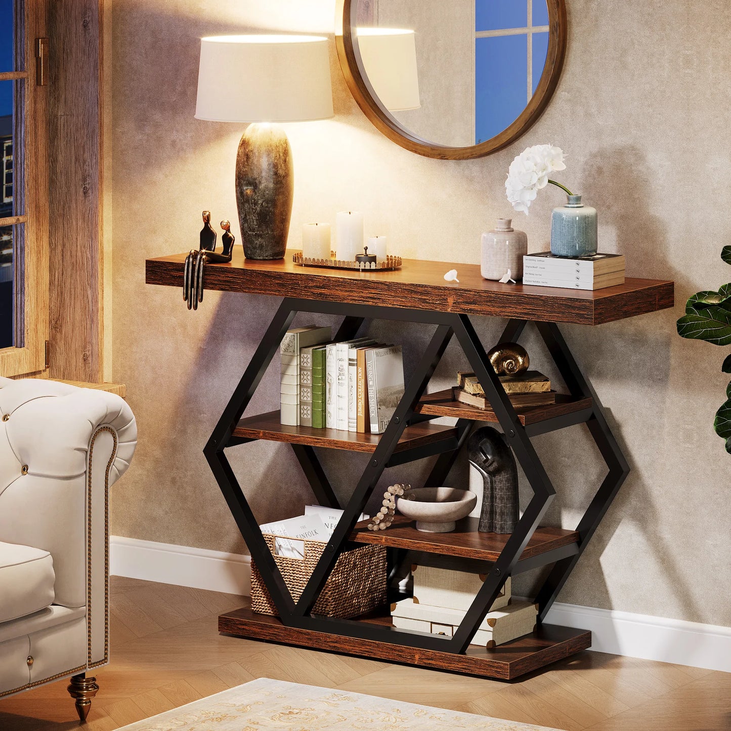 Console Table, 39.4-Inch Entryway Table with Thickened Tabletop, 4- Tier Industrial Narrow Hallway Sofa Table