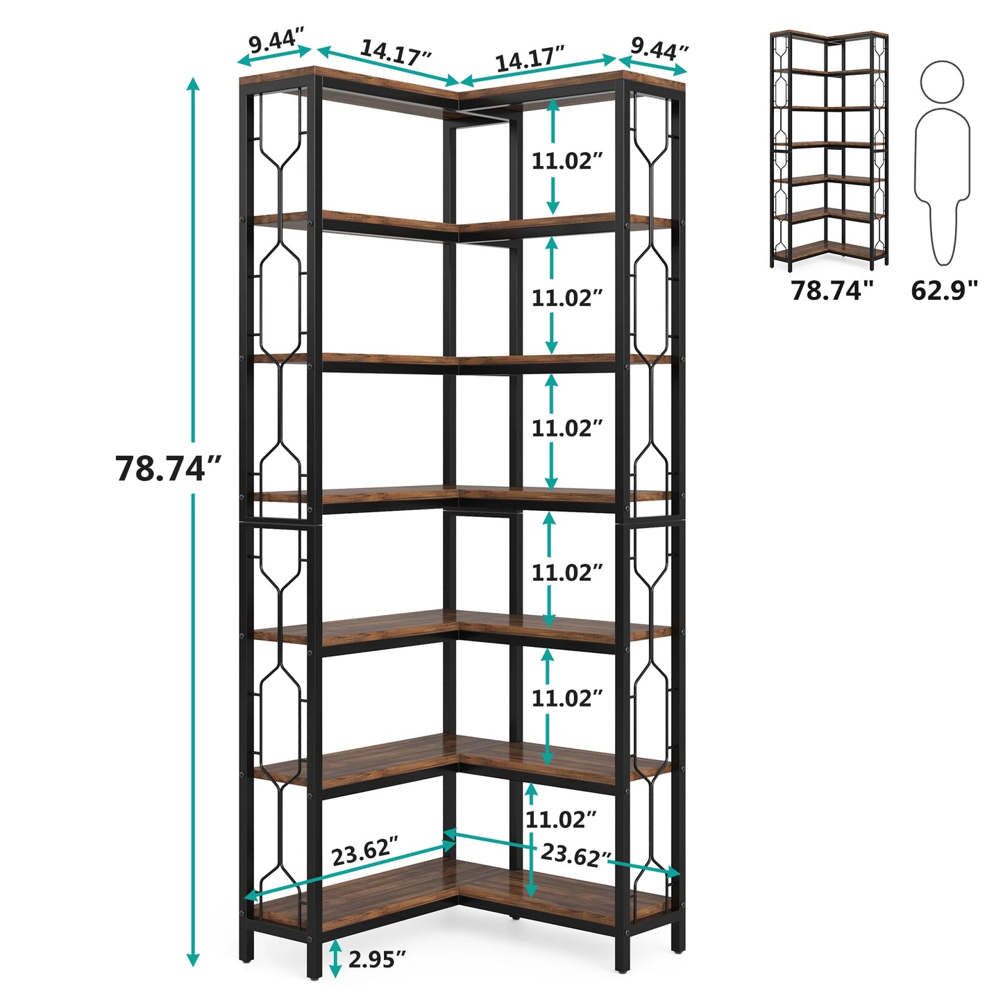 7-Shelf Corner Bookshelf,Large Modern Corner Bookcase, 7-Tier Tall Corner Shelf Storage Display Rack with Metal Frame