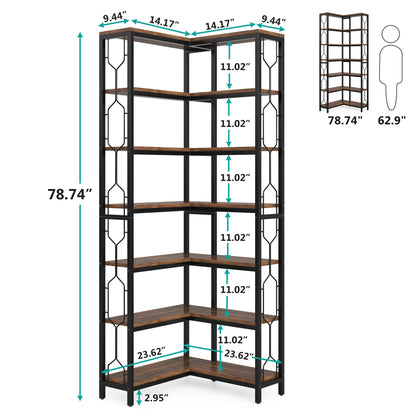 7-Shelf Corner Bookshelf,Large Modern Corner Bookcase, 7-Tier Tall Corner Shelf Storage Display Rack with Metal Frame