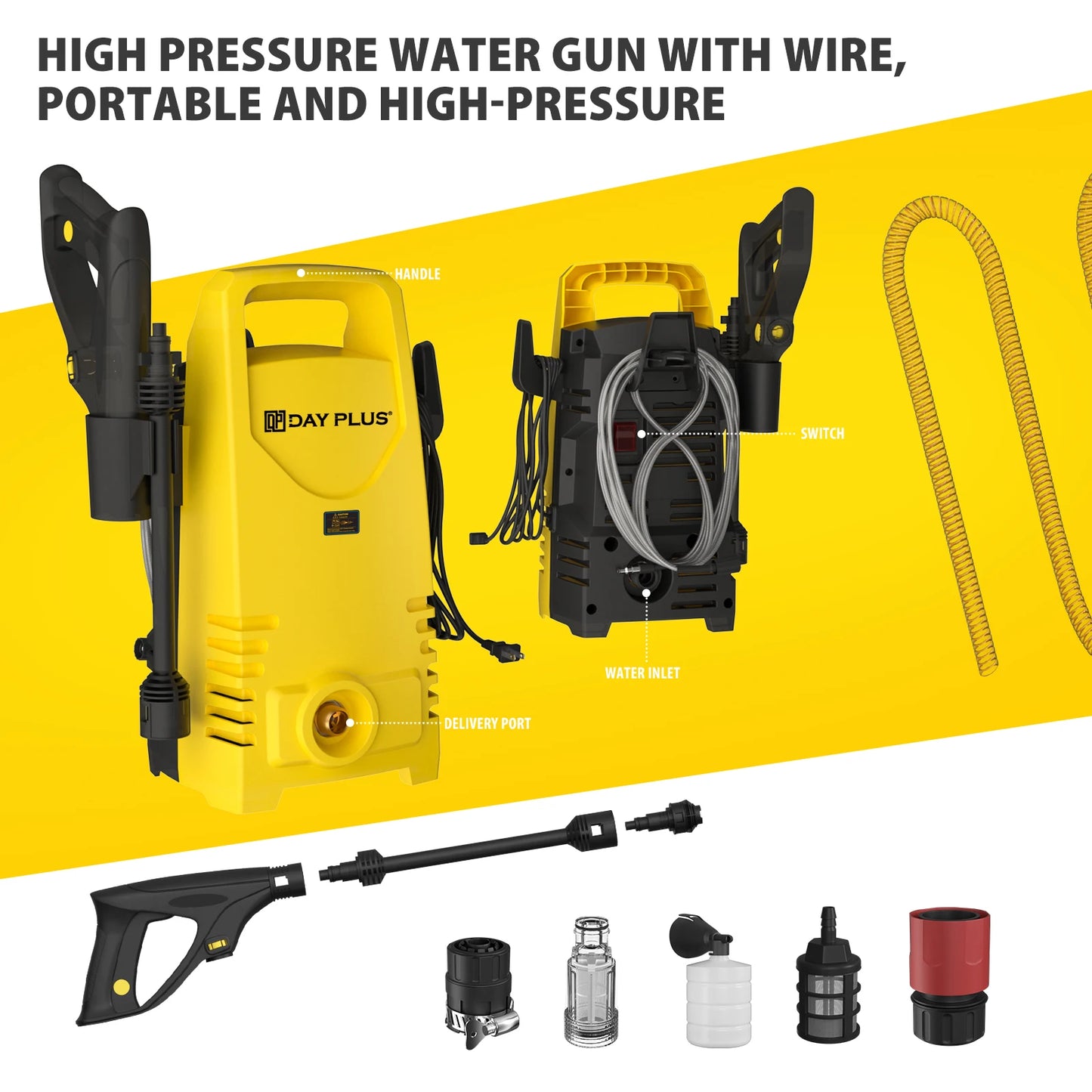 Electric High Pressure Washer,Portable Power Washer with Spray Gun &1-180°Adjustable Nozzle ,for Cars,Patios and Floor Cleaning