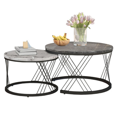 Nesting Round Coffee Table,2pcs Modern Tea Table,Marble Pattern Top With Metal Frame, Small Side Table,End Table For Living Room