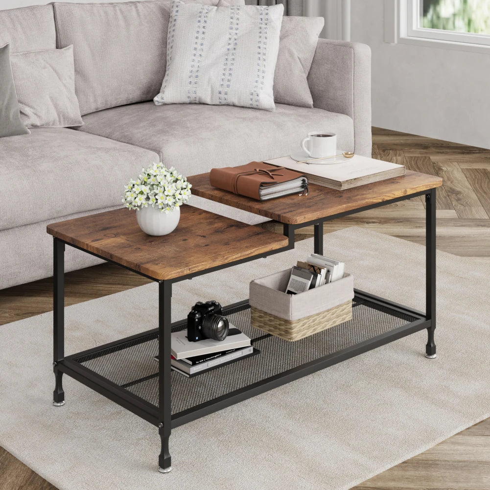 2-Tier Rustic Coffee Table Center Table with Mesh Shelf Rectangle Storage Cocktail Table Metal Frame for Living Room