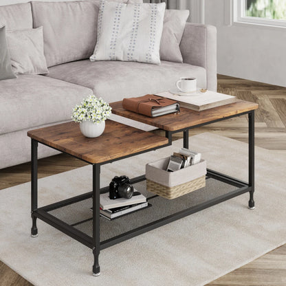 2-Tier Rustic Coffee Table Center Table with Mesh Shelf Rectangle Storage Cocktail Table Metal Frame for Living Room