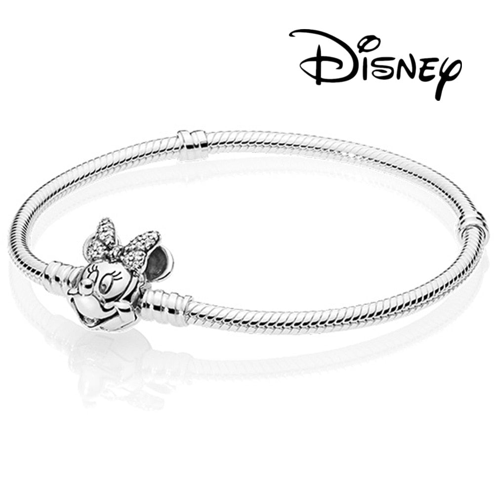 Disney 925 Sterling Silver Bracelet Moments Sparkling Mickey Mouse Heart Clasp Snake Chain Bracelet for Women DIY Charms Beads