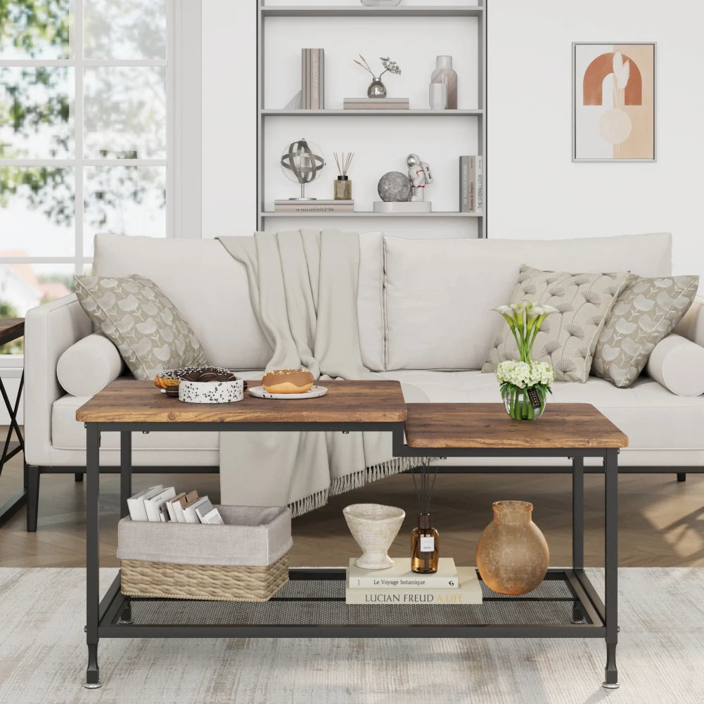 2-Tier Rustic Coffee Table Center Table with Mesh Shelf Rectangle Storage Cocktail Table Metal Frame for Living Room