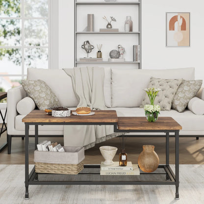 2-Tier Rustic Coffee Table Center Table with Mesh Shelf Rectangle Storage Cocktail Table Metal Frame for Living Room