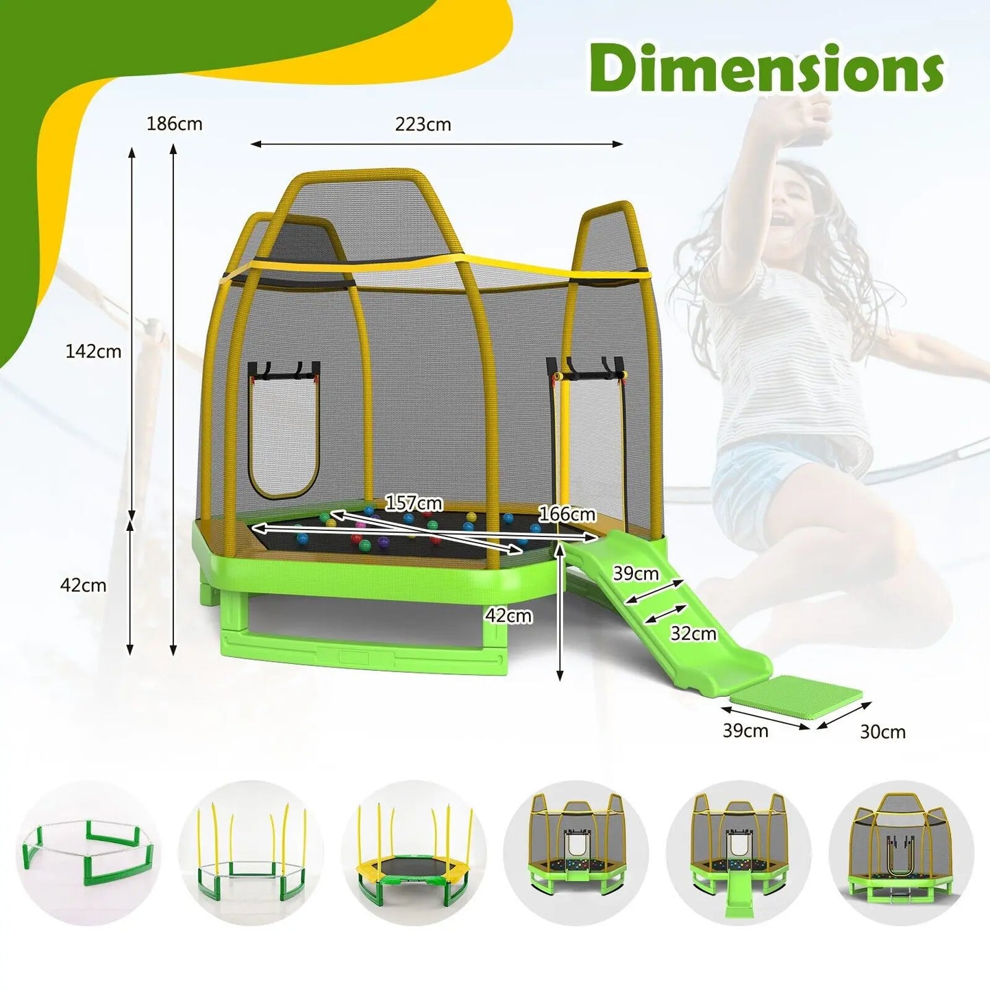 DORTALA 7FT Kids Trampoline Toddler Fitness Jumper Safety Enclosure Ladder With Slide