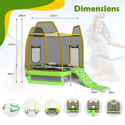DORTALA 7FT Kids Trampoline Toddler Fitness Jumper Safety Enclosure Ladder With Slide