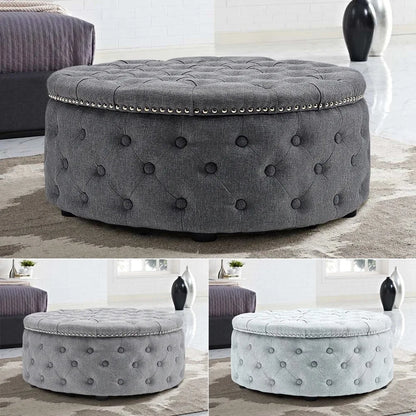 Round Linen Deep Buttoned Ottoman with Studded Edge