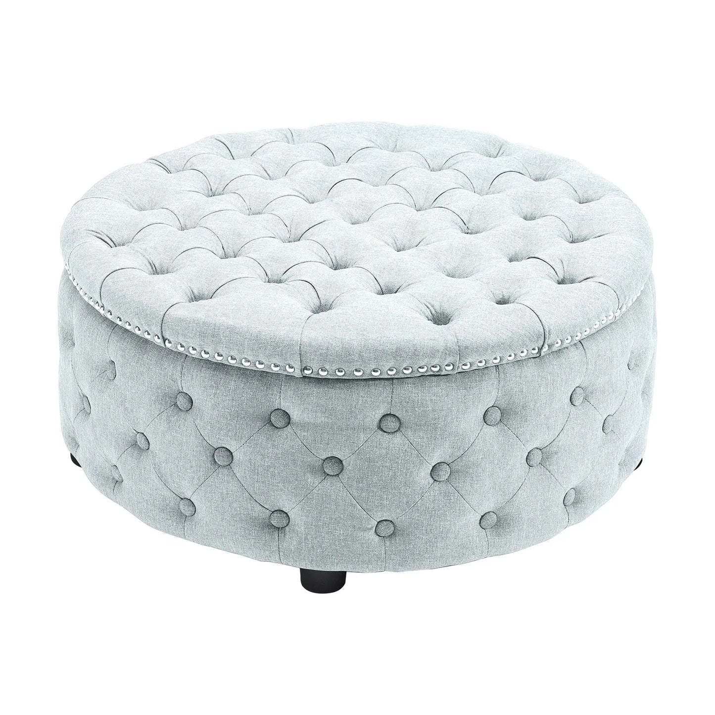 Round Linen Deep Buttoned Ottoman with Studded Edge