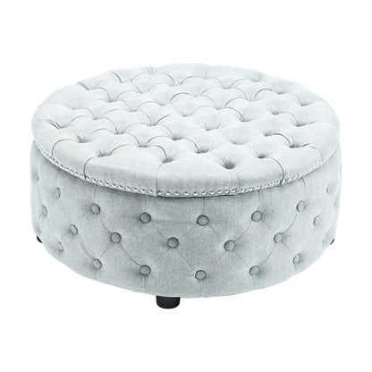 Round Linen Deep Buttoned Ottoman with Studded Edge