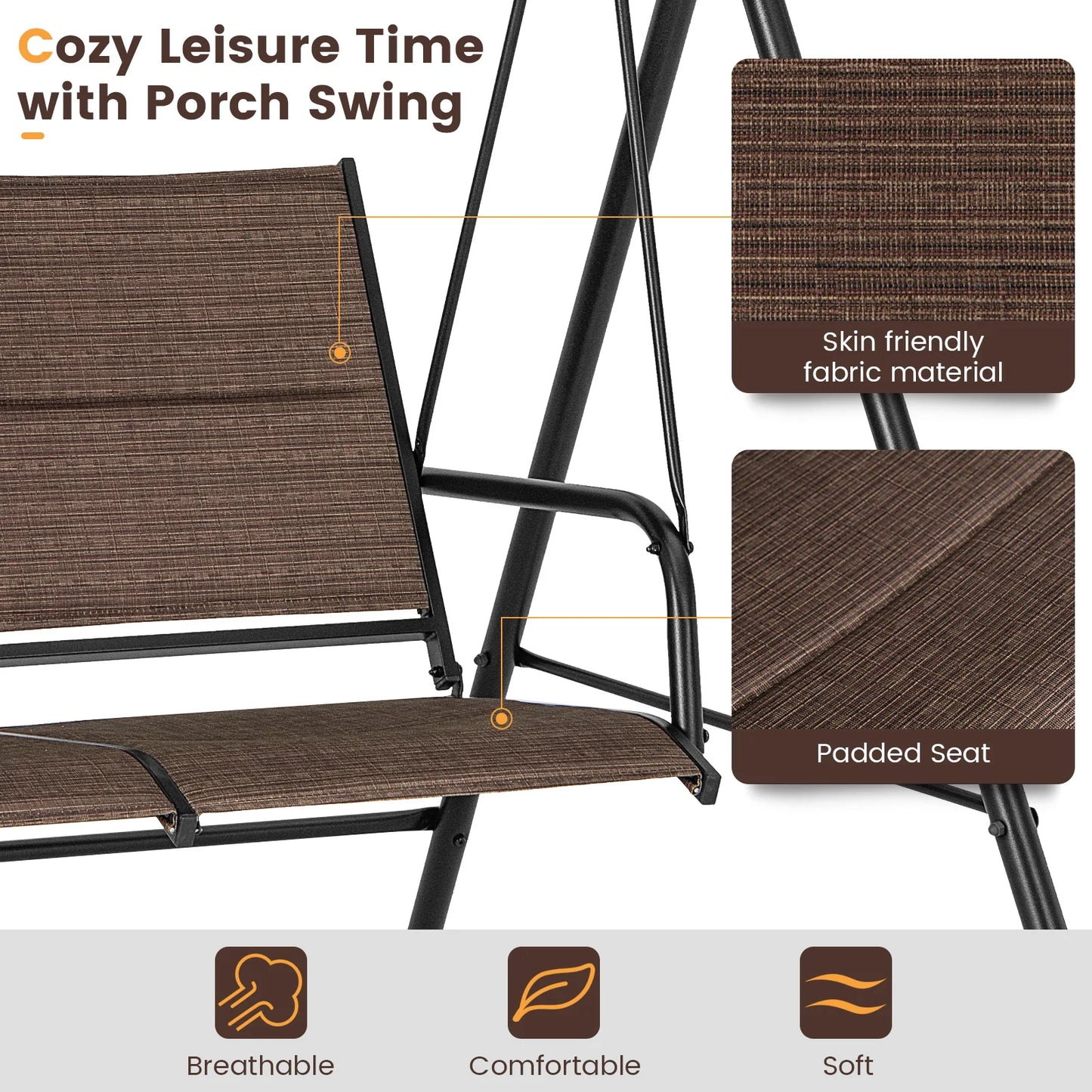 GOFLAME 2 Seat Outdoor Porch Swing, Swing Glider with Spring Hook, Soft Cushions, Foot Pad