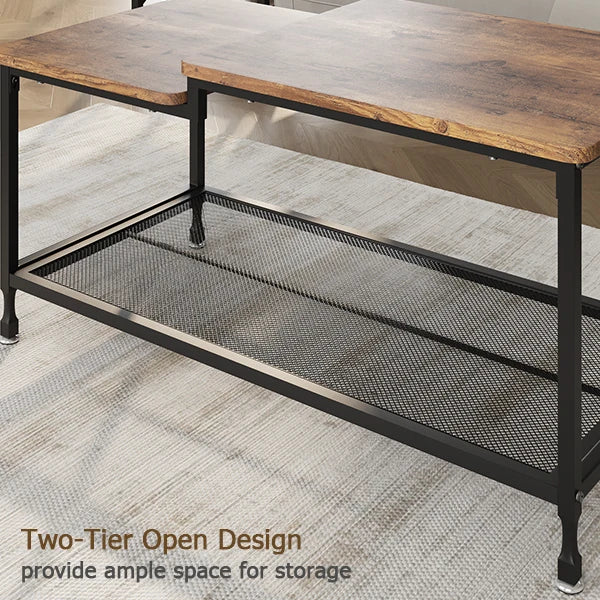 2-Tier Rustic Coffee Table Center Table with Mesh Shelf Rectangle Storage Cocktail Table Metal Frame for Living Room