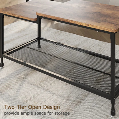 2-Tier Rustic Coffee Table Center Table with Mesh Shelf Rectangle Storage Cocktail Table Metal Frame for Living Room
