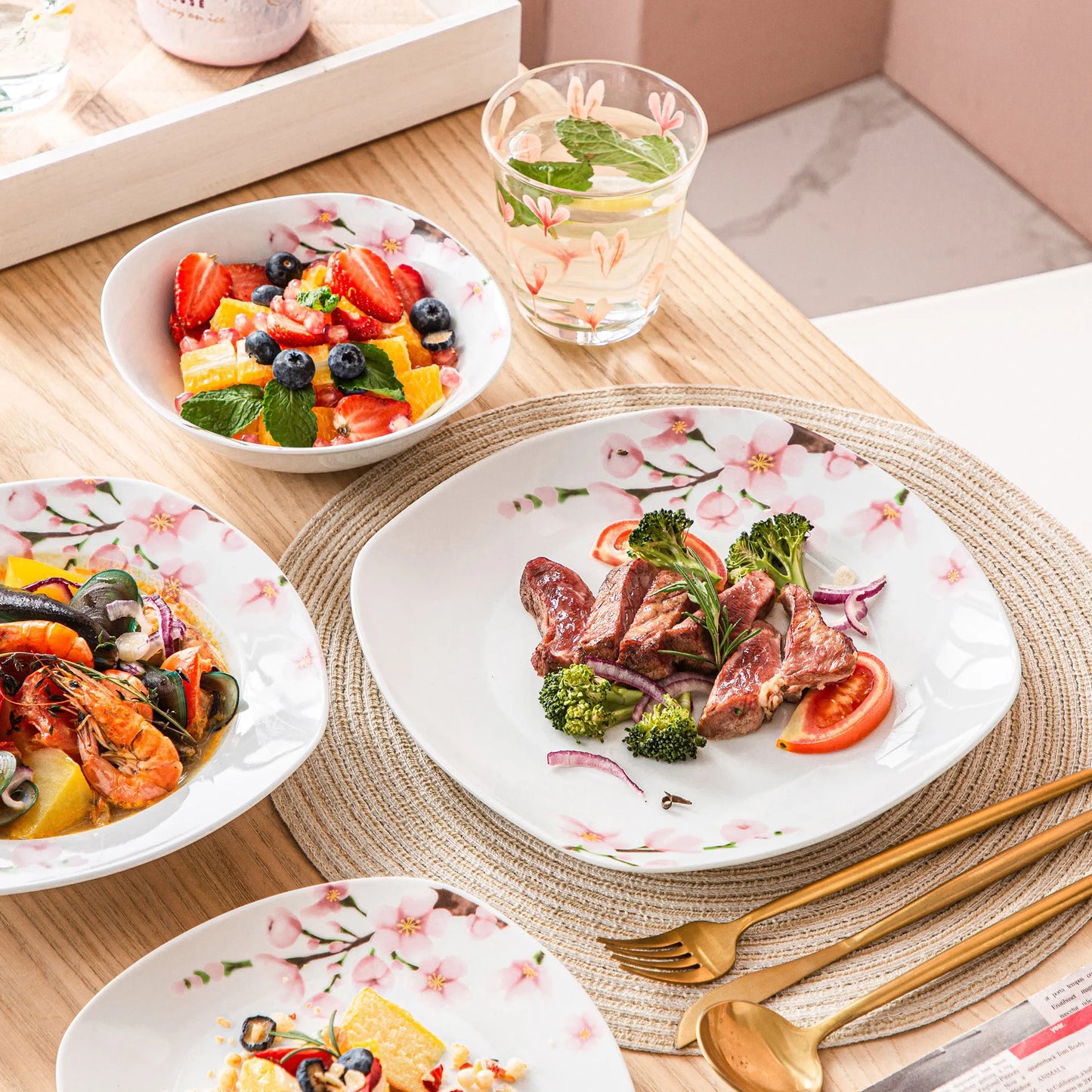 VEWEET ANNIE 48-Piece Porcelain Ceramic Tableware Dinner Plate Set with Bowl,Dessert Plate,Soup Plate,Dinner Plate for 12 Person