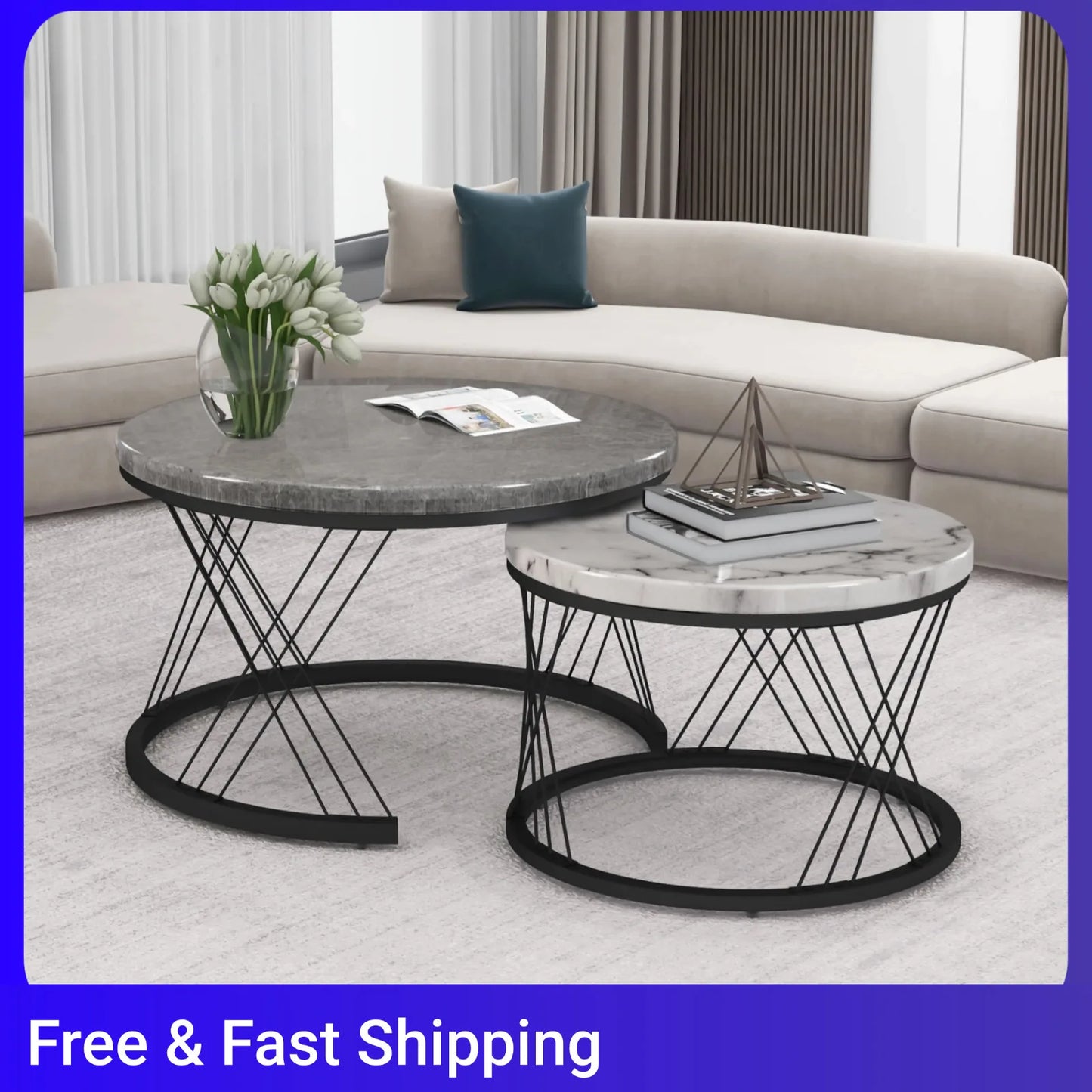 Nesting Round Coffee Table,2pcs Modern Tea Table,Marble Pattern Top With Metal Frame, Small Side Table,End Table For Living Room