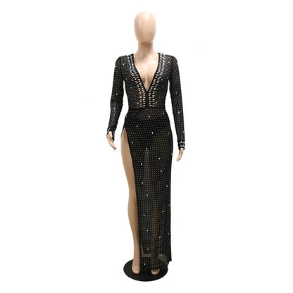 Diamonds Mesh High Split Long Sleeve Maxi Evening Party Dress