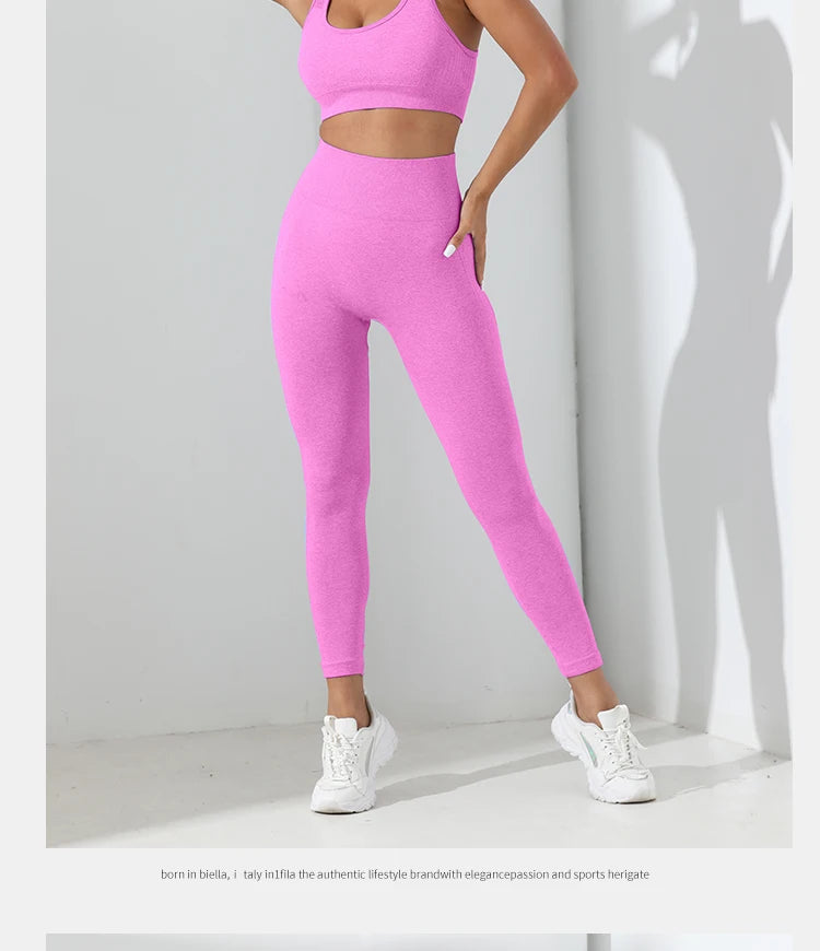 Yoga Basic 2pcs Seamless High Stretch Yoga Set Tracksuit Gym Set Crisscross Back Cami Hip-hugging Tummy Control Leggings