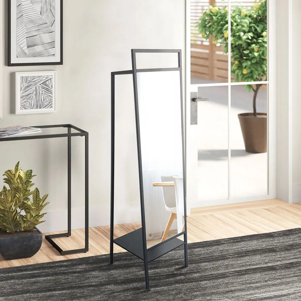 Black Metal Floor Mirror with Coat Rack For Bedroom Office 43cm W x 50cm D x 163cm H