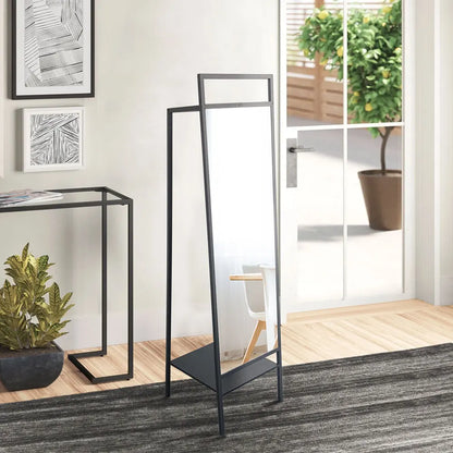 Black Metal Floor Mirror with Coat Rack For Bedroom Office 43cm W x 50cm D x 163cm H