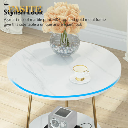Tribesigns 2 Tier Faux Marble End Table Round Side Table with Shelves Small Coffee Accent Table for Living Room, White and Gold