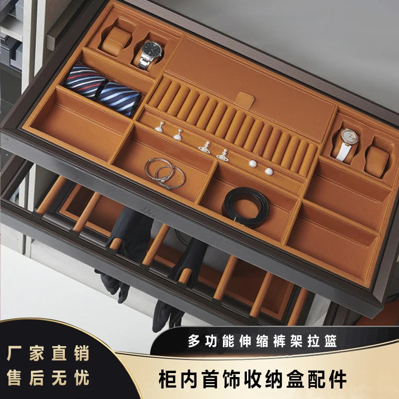 Wardrobe jewelry leather storage box grid cloakroom pull-out type built-in multi-functional telescopic pants rack pull basket ac