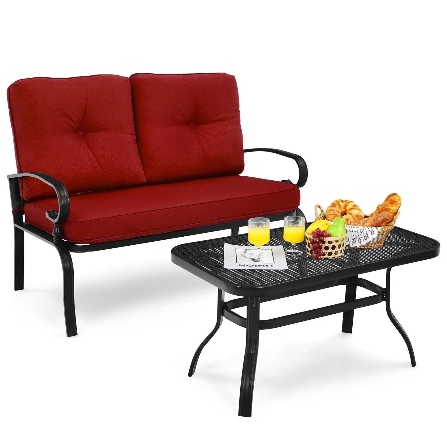 GOFLAME 2PCS Outdoor Conversation Set Patio Loveseat Bench &Coffee Table Soft Cushion