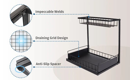 Under Sink Organizer and Storage, Pull Out Cabinet Organizer 2 Tier Slide Out Sink Shelf Cabinet Storage Shelves for Kitchen