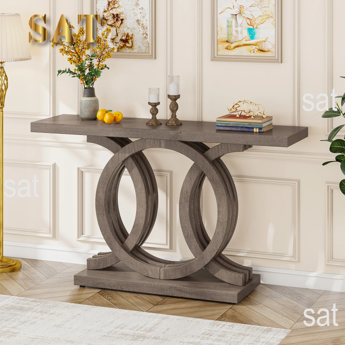 Entrance furniture modern antique rustic brown retro wood farmhouse entry hallway table console 140cm with Geometric Base