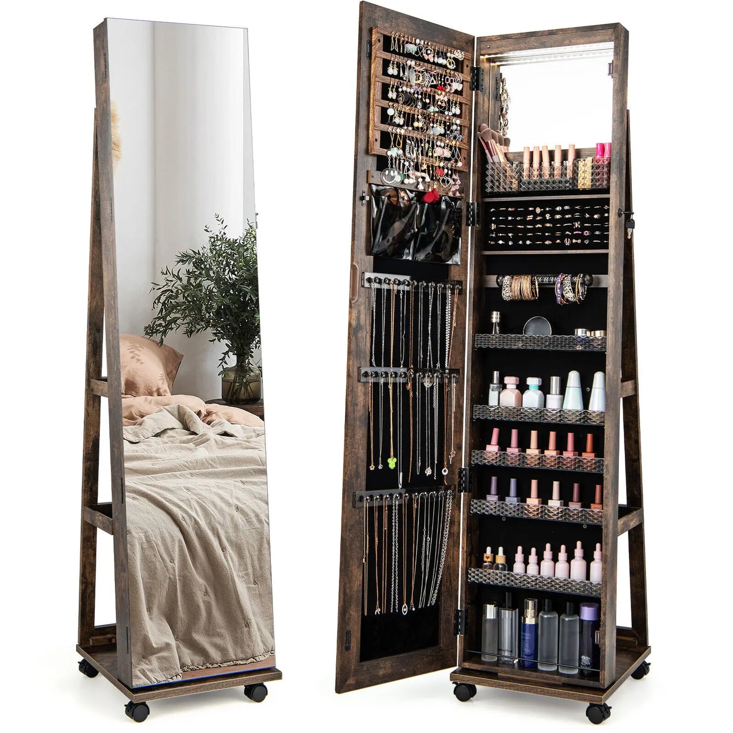 GOFLAME 360° Rotating Jewelry Armoire Full Length Mirrored Freestanding Makeup Cabinet