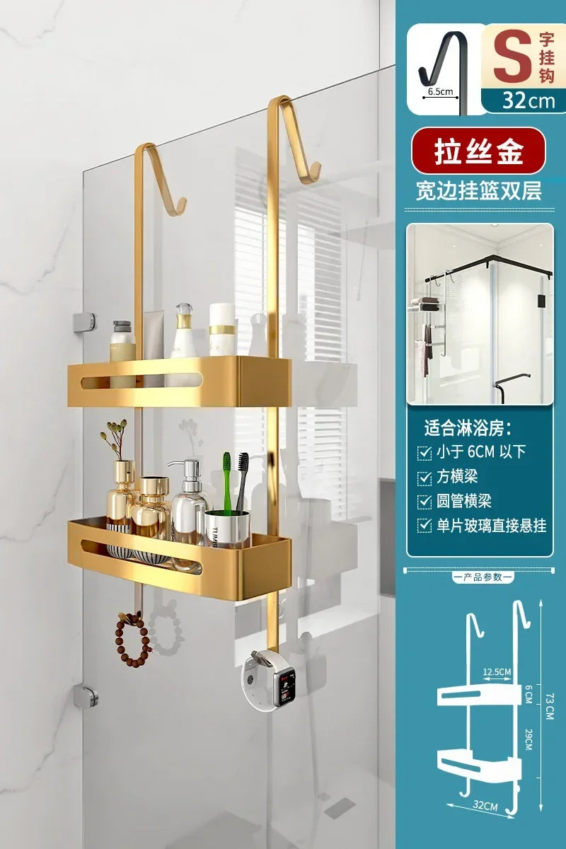 Pull Gold Shower Room Frame Large Capacity Bathroom Double Layer Hanging Basket Without Perforated Wall Hanging Receive Hook