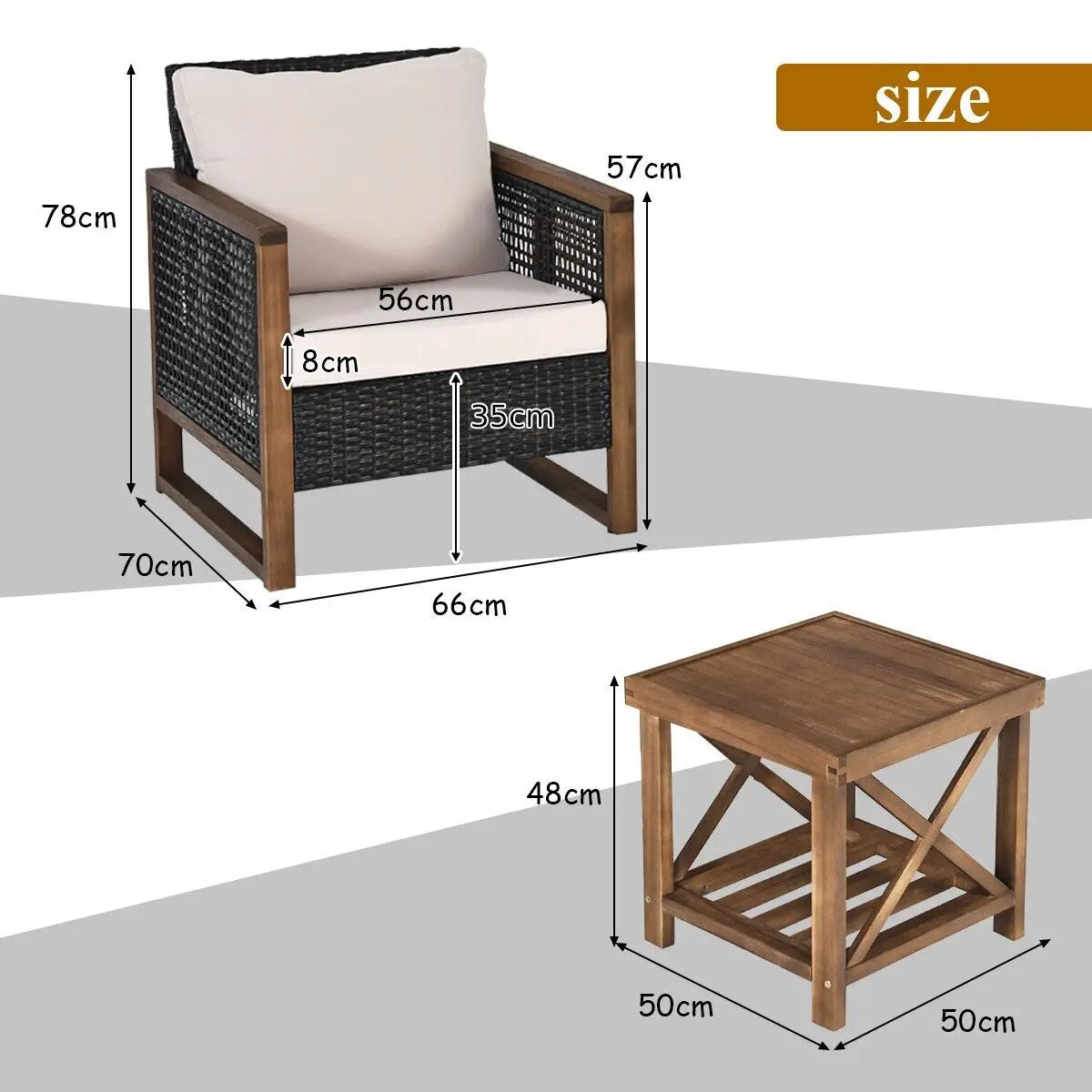 GOFLAME 3 PCS Patio Furniture Set, Outdoor Conversation Set with Acacia Wood Coffee Table & 2 PE Rattan Chairs